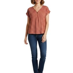 Tovia Womens Coral Pink Medium Polka Dot Zipper V-Neck Short Sleeve Blouse Top